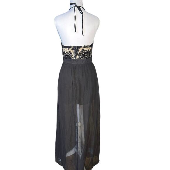 Black Small Sequin Lace Bodice Backless Halter Shorts Jumpsuit Long Shear Skirt - Picture 3 of 9
